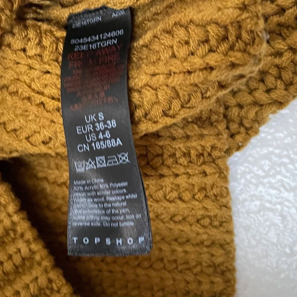 Topshop‎ Mustard Yellow Chunky Knit Cropped Sweater Pointelle Chevron Womens S